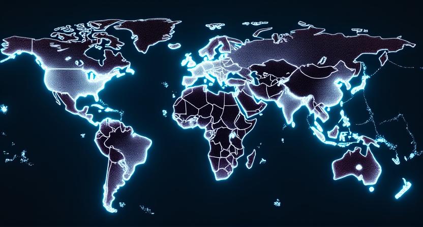 Illustration of a global supply chain mapped with predictive AI pathways